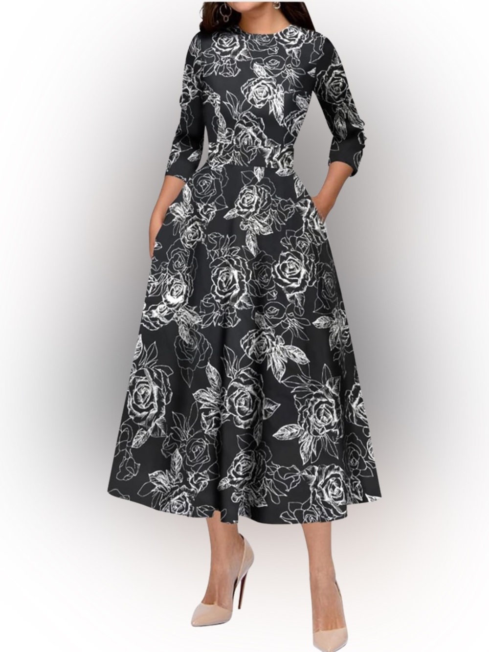 Black White Floral A-Line Midi Dress | 50s Retro Fit & Flare | Pockets | L